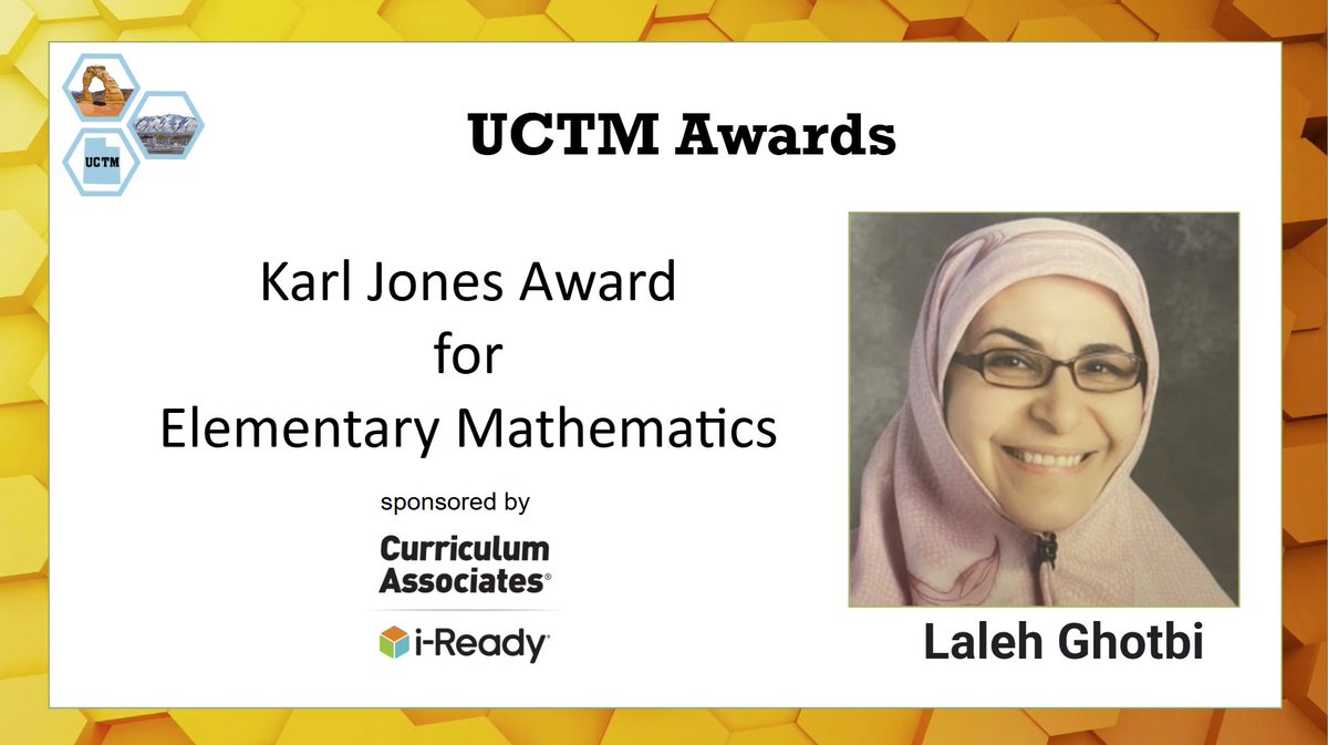 UCTM_math's tweet image. 🎉 Congratulations to Laleh Ghotbi! 🎉

We are thrilled to announce that Laleh Ghotbi has been awarded the Karl Jones Award for Elementary Mathematics.

#UCTMAwards #MathEducation #TeacherExcellence