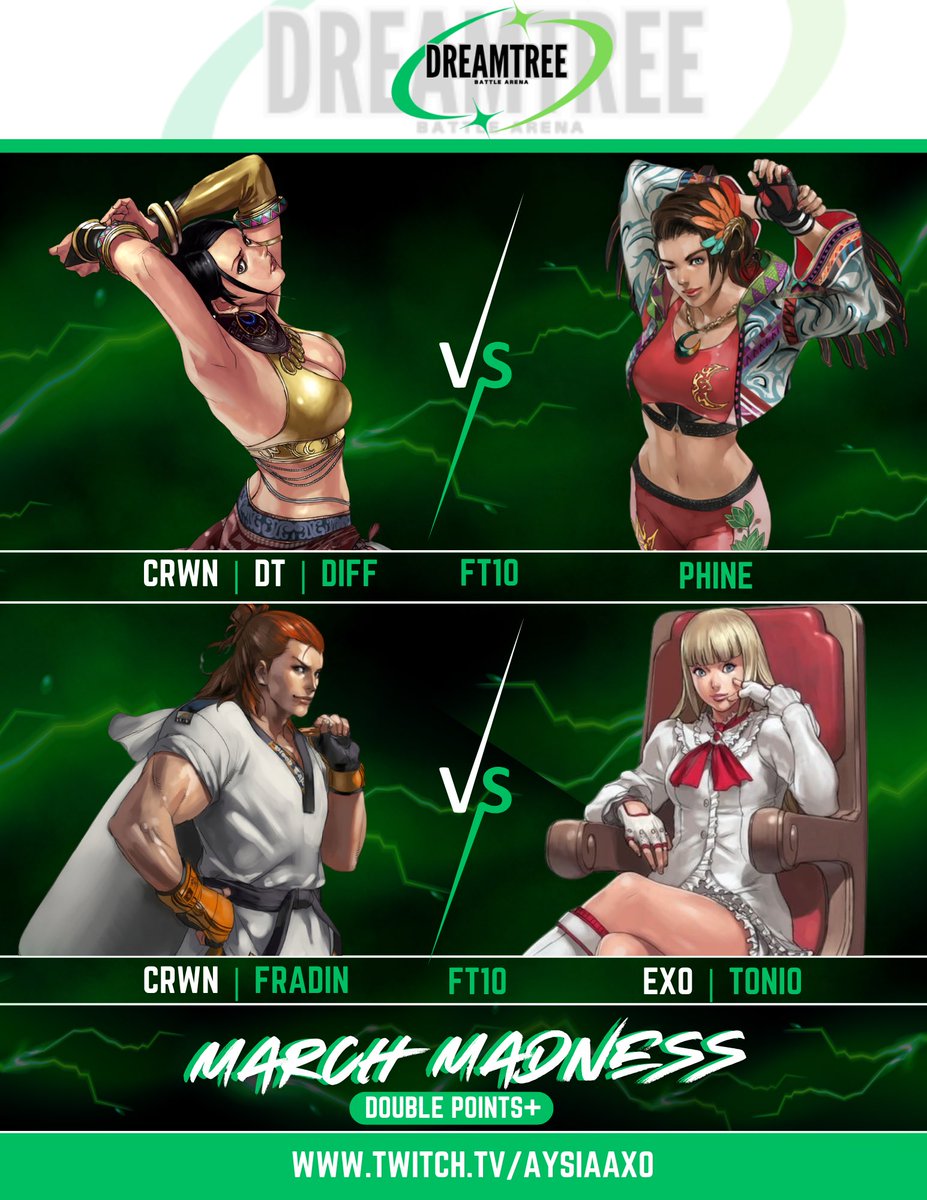 💚SUNDAY💚

 💚March Madness 💚 2x Points

   ⋆𝕯𝖗𝖊𝖆𝖒𝕿𝖗𝖊𝖊 𝕭𝖆𝖙𝖙𝖑𝖊 𝕬𝖗𝖊𝖓𝖆⋆

       Diff VS @phinecreativity 

     <a href="/fradin1_/">Fradin</a> VS @Guapotonio 

         03/09/25 4:30PM EST

                <a href="/DreamTreeBA/">Dream Tree Battle Arena</a> 

twitch.tv/aysiaaxo