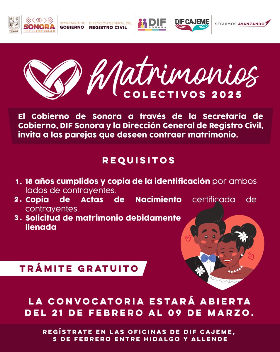 ¡Atención parejas! 
¡ convocatoria para los matrimonios colectivos, sábado 8 de marzo ultimo día para que te registres de 9 am a 1 pm en la entrada de palacio Municipal! 

#MatrimonioColectivo #CertezaJurídica #Matrimonios2025 #TrámiteGratuito #PalacioMunicipal