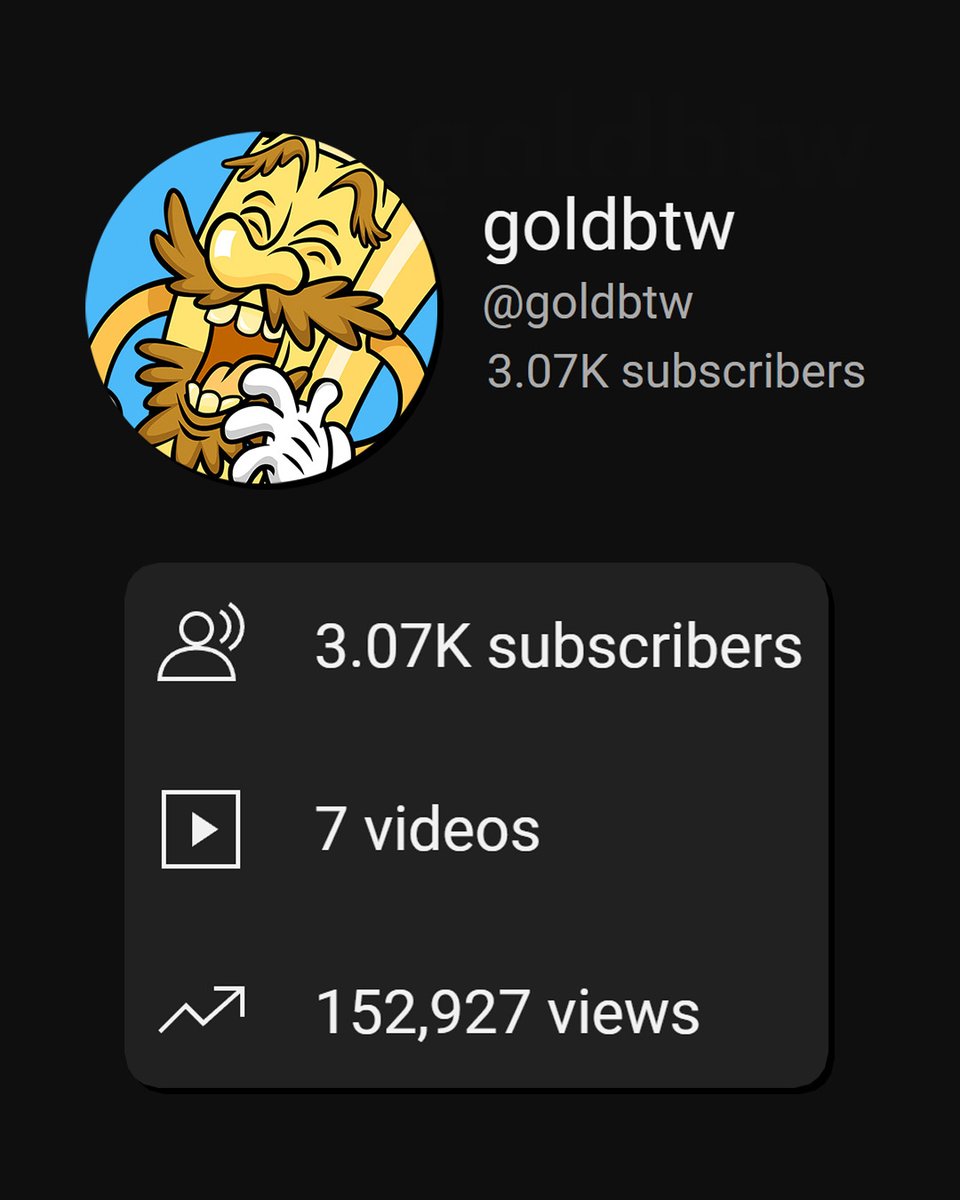 Just 7 videos deep on the new channel and we've hit 3k subs, and over 150k views

this is just the beginning for goldbtw