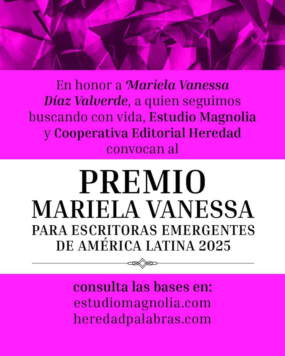 heredadpalabras's tweet photo. En la víspera del #8M, nos complace anunciar junto a @MagnoliaEstudio el #PremioMarielaVanessa para escritoras emergentes de América Latina 2025.

Gracias a la familia Díaz Valverde por permitirnos acompañarla a través de este proyecto. https://t.co/OisdeSiykZ