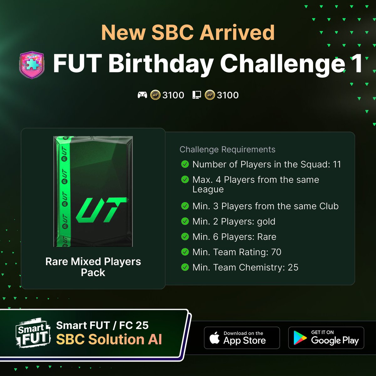 🆕New SBCs Arrived: Cristiano Ronaldo , 85+ Player Pick , 83+ TOTW Player Pick , FUT Birthday Challenge 1 are now ready to solve in Smart FUT!  #SBC #FC25 #ut25 #EAFC25 #EAFC25RATINGS