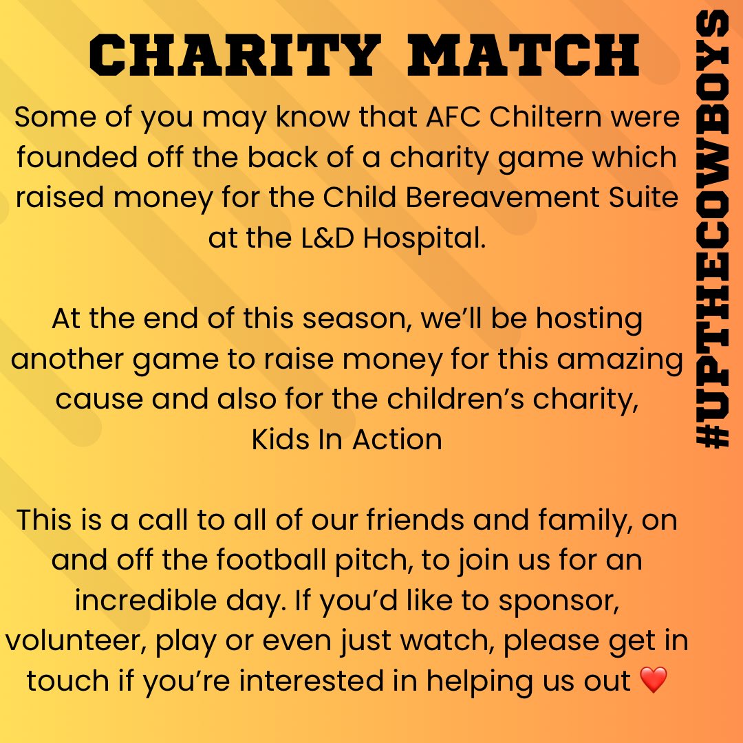 AFCChiltern's tweet photo. AFC CHILTERN NEEDS YOU 🫵

We’re hosting a charity game at @LeightonTownFC, and we’re looking for fans, sponsors for the day and approximately 20 players to play in a Charity XI!

Players will be required to pay £10pp to join the game. Please message directly if you’re interested https://t.co/9nOUaMDK2f