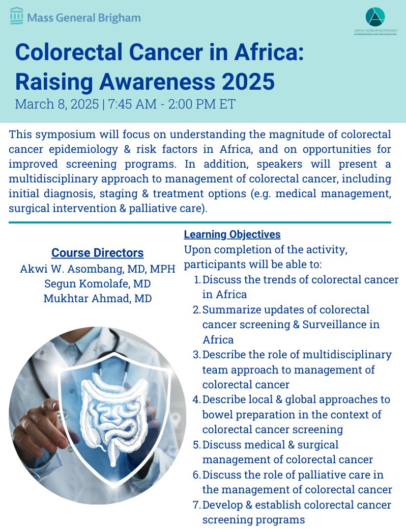 Mass General Brigham Professional Development (@massgenbrighcpd) on Twitter photo LAST CHANCE TO REGISTER for Colorectal Cancer in Africa: Raising Awareness 2025, taking place tomorrow (March 8th, 2025)
Join <a href="/AkwiAsombangMD/">Akwi Asombang MD MPH</a> & other renowned experts to discuss colorectal cancer epidemiology in Africa!
cpdlearn.massgeneralbrigham.org/course/colorec…
<a href="/AAFG_2021/">African Association Of Future Gastroenterologists</a> <a href="/POHER_NGO/">POHER</a> LAST CHANCE TO REGISTER for Colorectal Cancer in Africa: Raising Awareness 2025, taking place tomorrow (March 8th, 2025)
Join <a href="/AkwiAsombangMD/">Akwi Asombang MD MPH</a> & other renowned experts to discuss colorectal cancer epidemiology in Africa!
cpdlearn.massgeneralbrigham.org/course/colorec…
<a href="/AAFG_2021/">African Association Of Future Gastroenterologists</a> <a href="/POHER_NGO/">POHER</a>