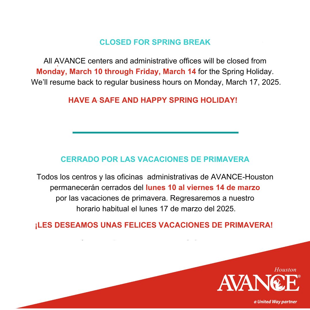 We wish you a safe and happy Spring holiday!
¡Les deseamos unas felices vacaciones de primavera!