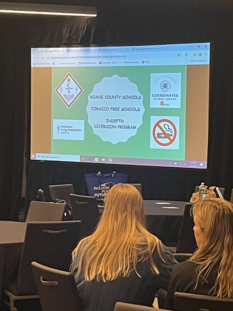 Roane Schools CSH Director Mike Barber with Trauma Informed Specialist Yvette Reeder and RCHD Matilyn Lands presenting on RCS Tobacco Policy and the InDepth program at the 2025 CSH Institute.
