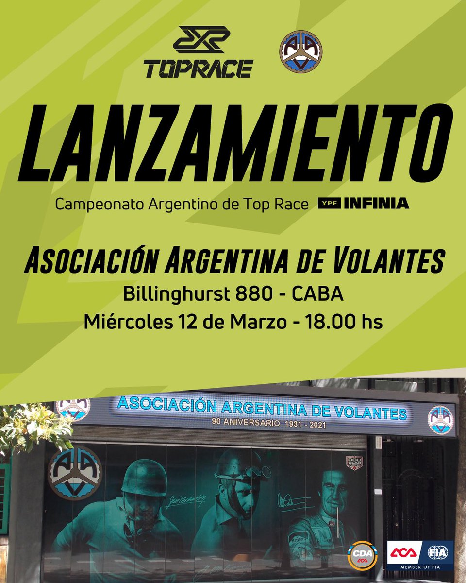 🏁🔥 ¡Se viene el Lanzamiento del Campeonato Argentino de Top Race YPF INFINIA! 🔥🏁

🫡Te esperamos en la sede de la Asociación Argentina de Volantes la presentación de una nueva temporada
 📍 Billinghurst 880, CABA
📅 Miércoles 12 de marzo
⏰ 18:00 hs
📲 t.ly/OlQm2