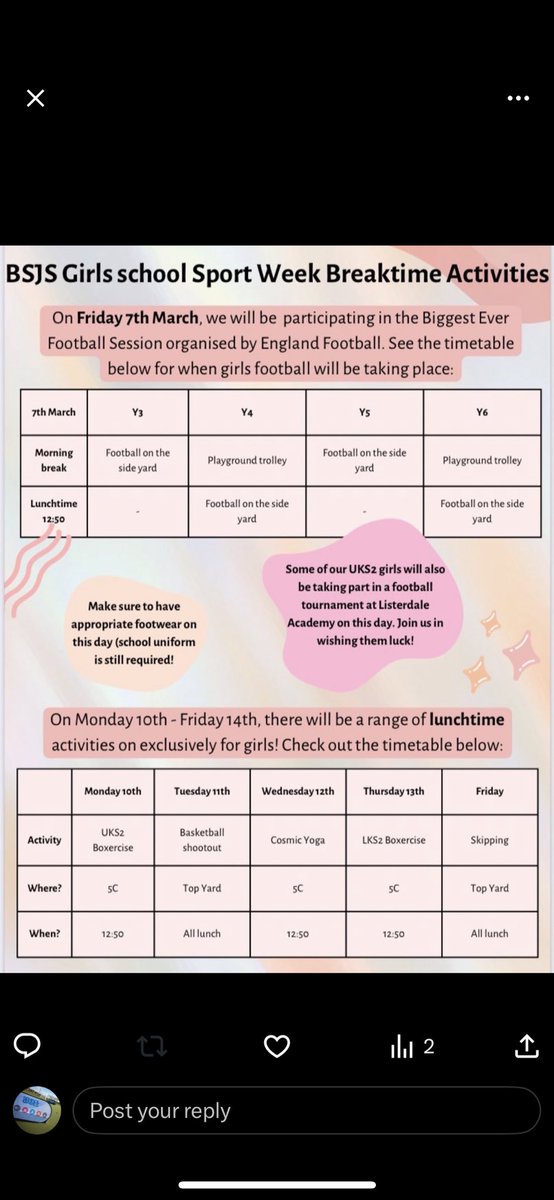 rotherhamgames's tweet photo. Things we love to see π€©
@BramleyJunior well and truly embracing Rotherham Girlsβ Week π±π»ββοΈπ§π½
Look at what theyβve got planned to get girls activeππ»
Well done @missmgoodwin
ππ»
#RotherhamGirlsWeek https://t.co/p0wtLT0WDr
