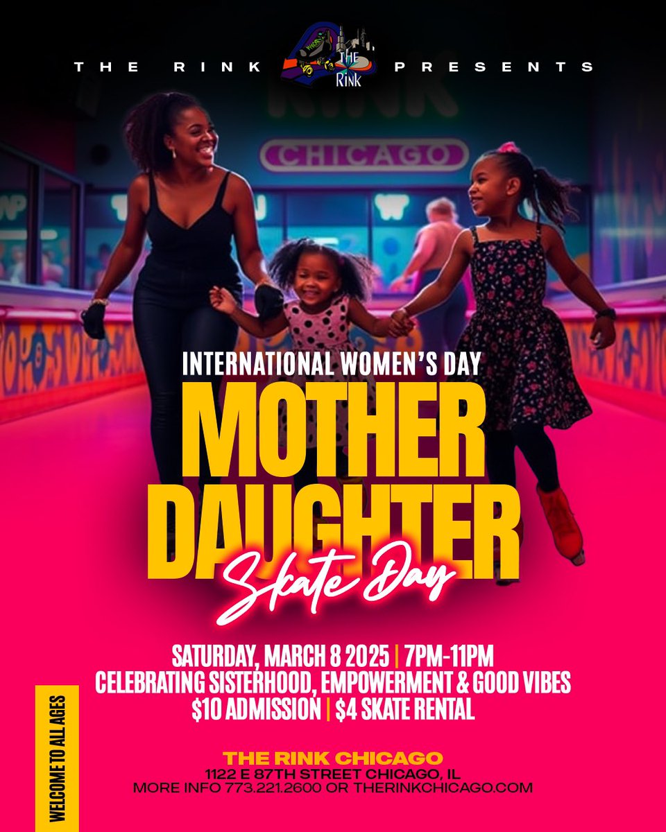 Celebrate sisterhood, empowerment, and good vibes with us at The Rink Chicago! 🛼✨ Join us tomorrow for Mother-Daughter Skate Day on Saturday, March 8, 7 PM - 11 PM in honor of #InternationalWomensDay! Tag your girls and let’s roll! 💖 #TheRink50 #SkateWithUs #Chicago