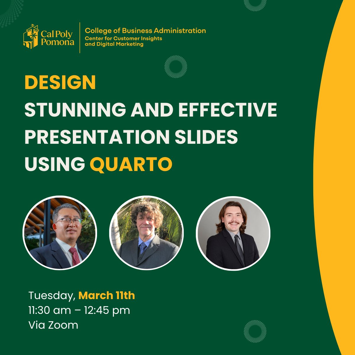 CPP_CCIDM's tweet image. Looking to impress with your next presentation? Join CCIDM’s virtual workshop on March 11 (11:30am–12:45pm) to create interactive, branded Quarto slides—no coding needed! Zoom link: bit.ly/3Djn49N #Quarto #Presentations #CCIDM #CalPolyPomona