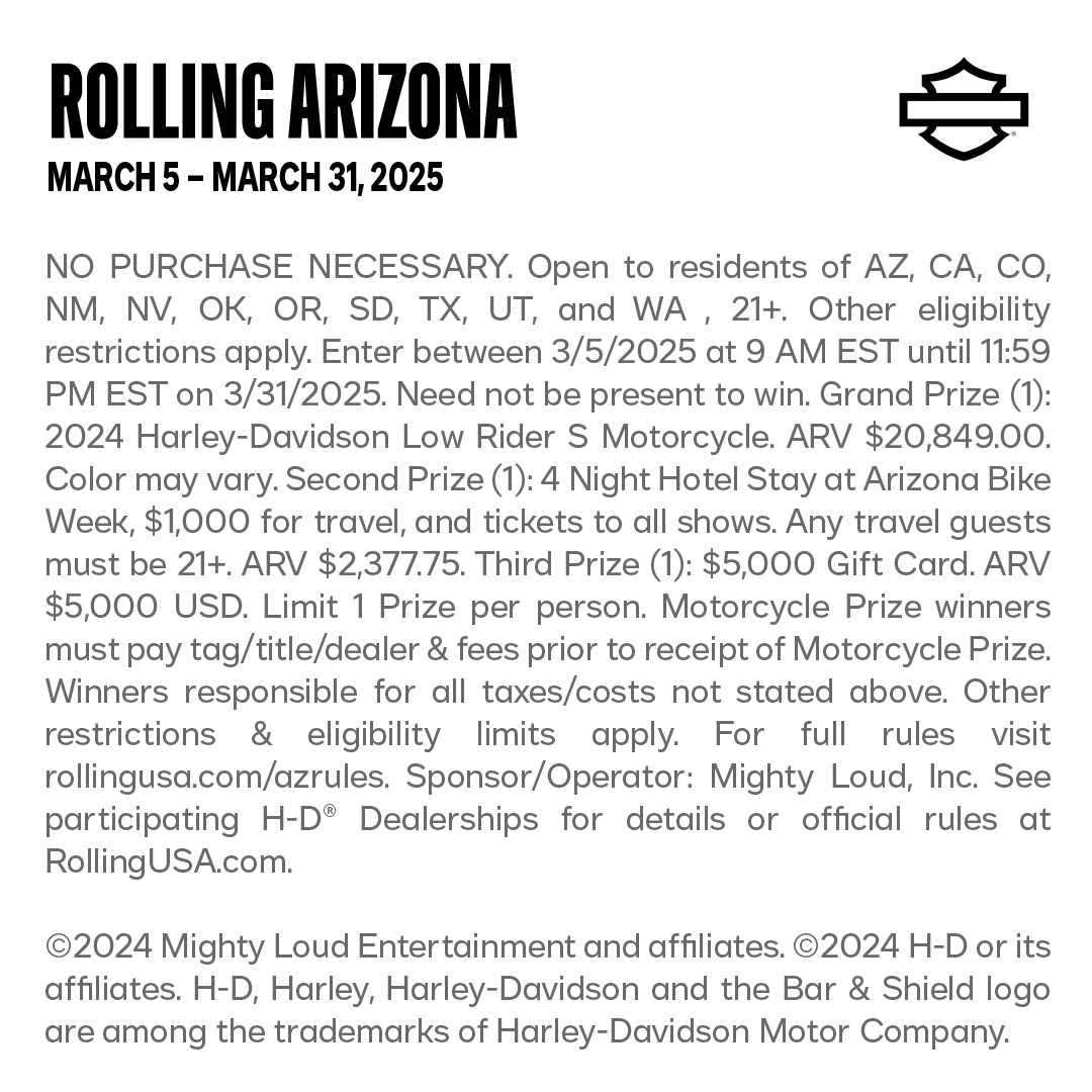 redrockharley's tweet photo. 🔥 Heading to Arizona Bike Week? Stop by Red Rock Harley-Davidson before you roll out and enter to win epic Rolling Arizona prizes! 🏍️🎟️ Don’t miss your chance—swing by and get in on the action! #ArizonaBikeWeek #RollingArizona #RedRockHarleyDavidson https://t.co/ul9eWNmJYa