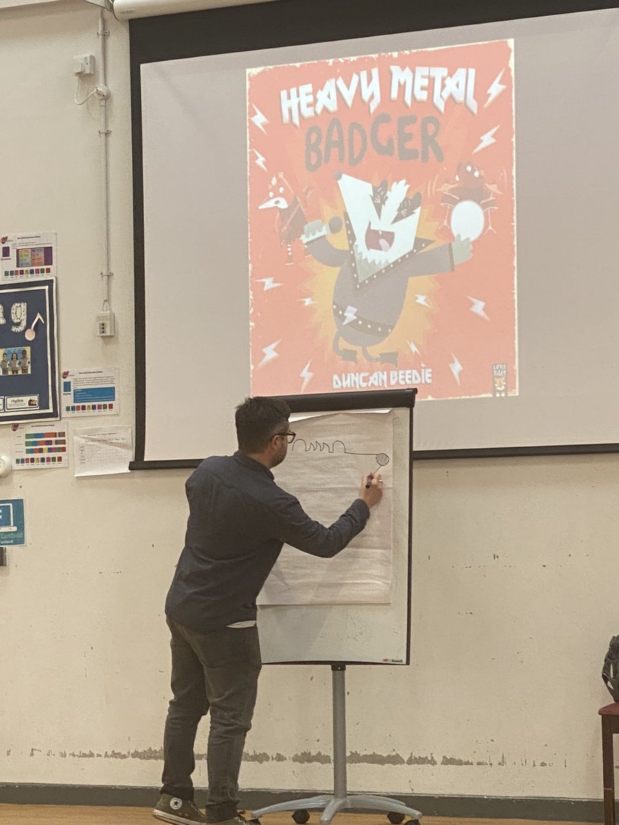 EastfieldPSHull's tweet photo. EYFS and KS1 were very lucky today to have a chance to meet the author of our #worldbookday2025 book: Heavy Metal Badger by Duncan Beedie. We listed to the story and had a whole group drawing class! #epsreading https://t.co/SS6iMMnx1D