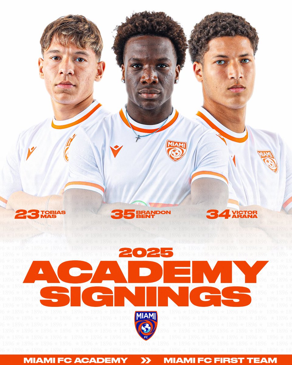 Happy to announce that <a href="/MFCYouthAcademy/">Miami FC Academy</a> products Tobias Mas, Brandon Bent, and Victor Arana have signed academy contracts for the 2025 USL Championship season 👏

#path2pro #vamosmiami