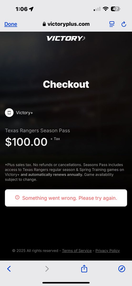 dusabus09's tweet photo. @Rangers @RangersInsiders been trying to buy Victory + for at least a week now and get this every time. #notofftoagoodstart https://t.co/jwDigYjAOe