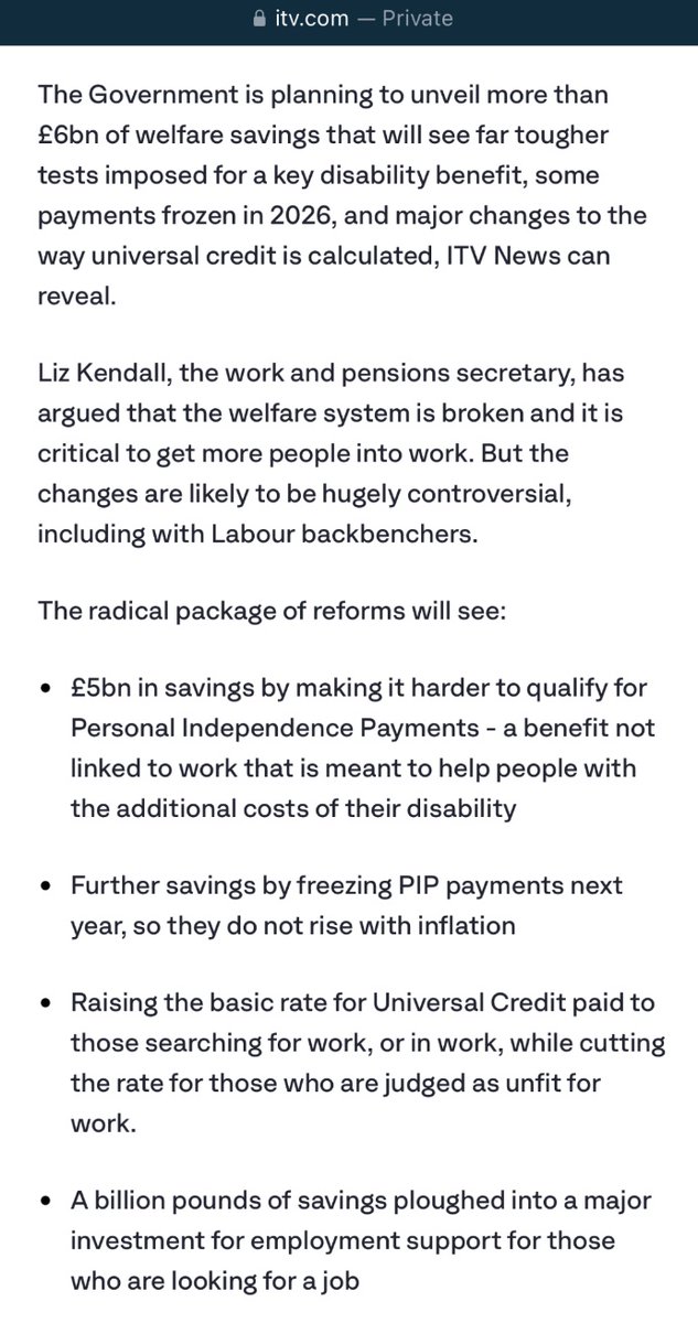 TW+++ DWP

ITV is reporting this as fact this evening. It is not yet. But let’s be clear - you can’t incentivise away disability. PIP ALREADY differentially discriminates against mental illness and many chronic especially invisible disabilities so it will go to court.