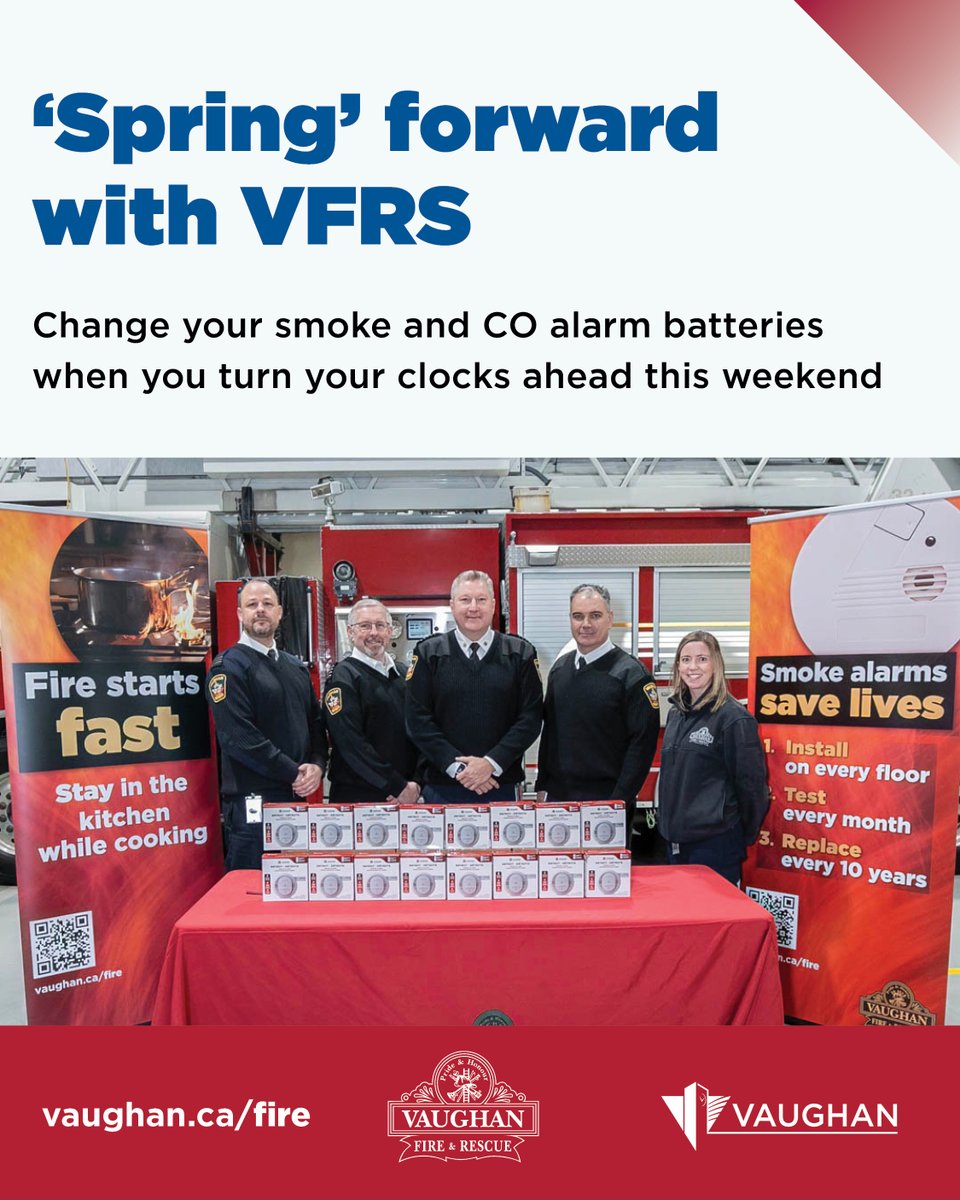It’s that time of year when we lose one hour of sleep to gain an additional hour of sunshine. When you turn your clocks forward on Sunday, be sure to also change the batteries in both your carbon monoxide (CO) and smoke alarms. 

Learn more: vaughan.ca/news/spring-fo…