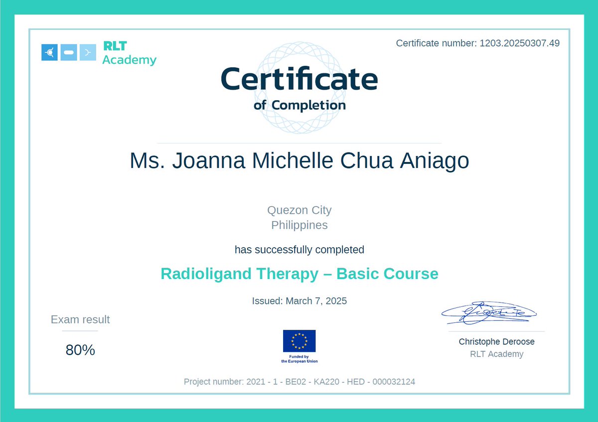 I honestly did not expect to pass this very tricky quiz in one take since majority of the scope of the quiz was about radiobiology. And now I am up for the challenge to take the Advanced Course of RLT. 😊 I do hope it is similar to ICPO.