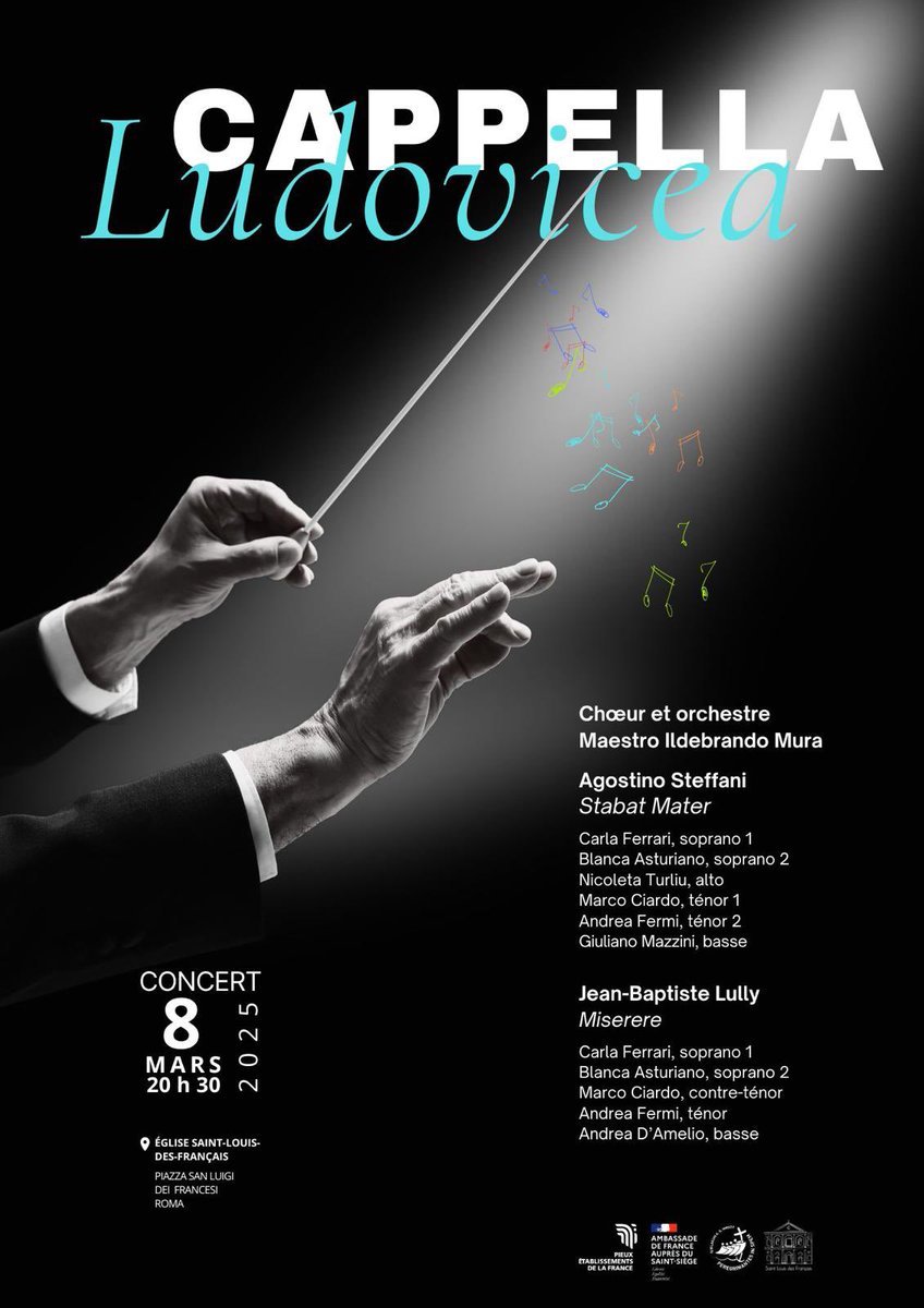 MarcoCiardoMC's tweet photo. 8 marzo 2025
🎼 In programma:
 • Stabat Mater di Steffani
 • Miserere di Lully
📅 8 marzo 2025, ore 20:30
📍 Église Saint-Louis-des-Français, Roma
🪄 Dir: Ildebrando Mura Ferrari
🎻 Soli, Coro e Orchestra della #CappellaLudovicea 
#Concerto #MusicaSacra #Roma #marcociardo https://t.co/yHRWfLspIZ