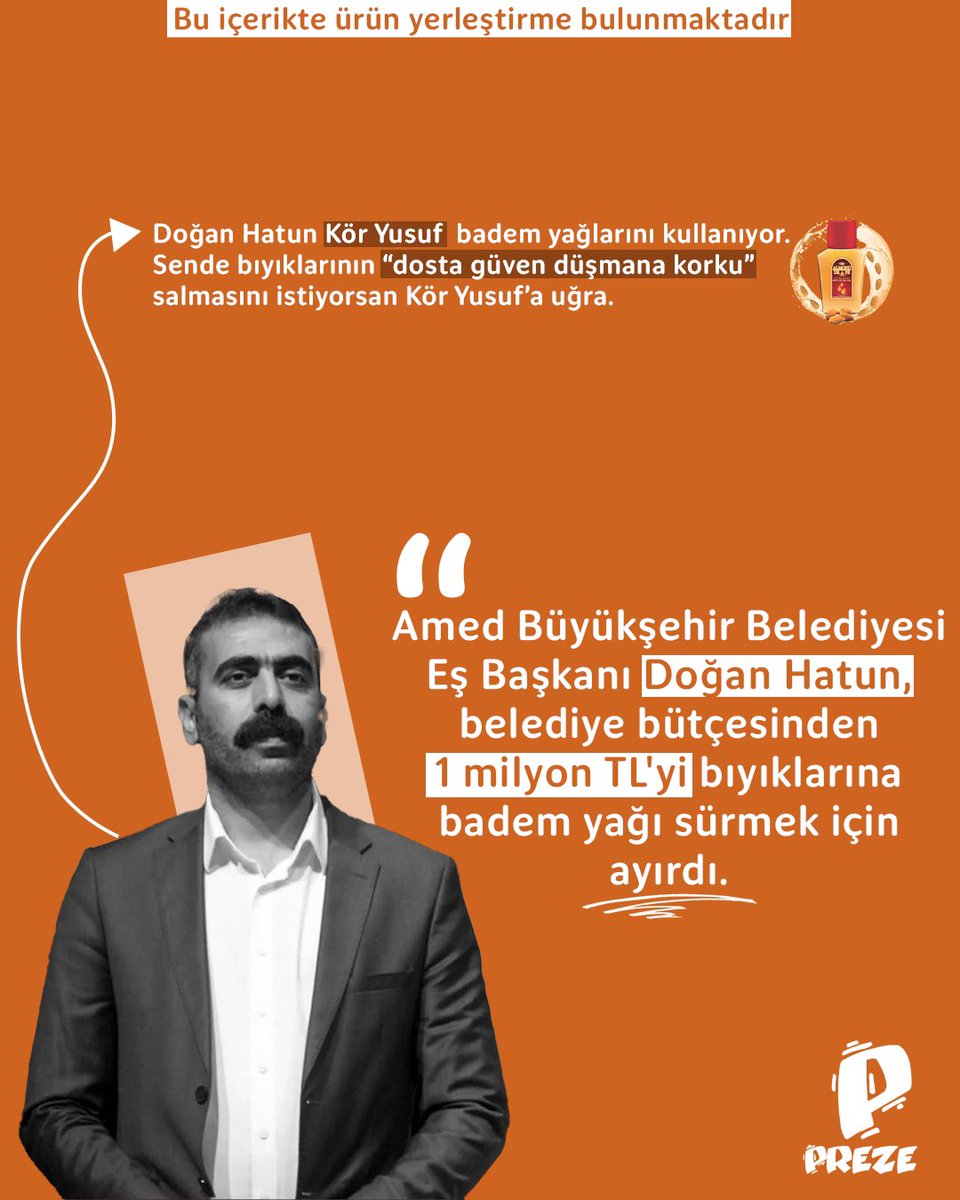 📍Amed Büyükşehir Belediyesi Eş başkanı Doğan Hatun, belediye bütçesinden 1 milyon TL’yi Bıyıklarına badem yağı sürmek için ayırdı.

#doğanhatun #kurdistan #amed #preze #prezemedya