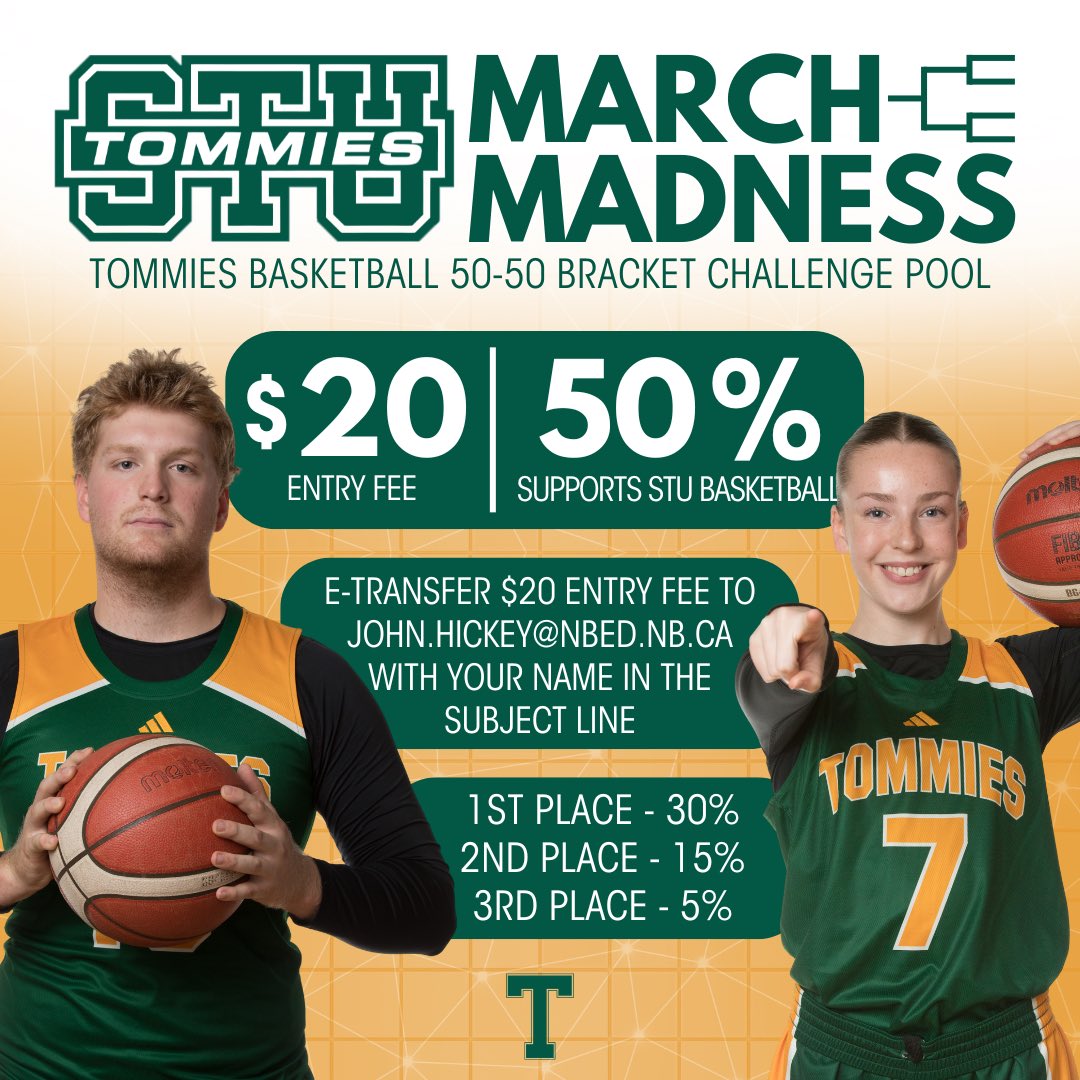 STU Men’s Basketball (@stumensbball) on Twitter photo It’s that time of year again!
March Madness brackets are available in less than two weeks! Be sure to e-transfer Coach Hickey your entry fee to compete for one of the three prizes in our annual 50-50 fundraiser!
Link below ⬇️
picks.cbssports.com/college-basket…
<a href="/TommiesSTU/">STU Tommies</a>
#gotommiesgo It’s that time of year again!
March Madness brackets are available in less than two weeks! Be sure to e-transfer Coach Hickey your entry fee to compete for one of the three prizes in our annual 50-50 fundraiser!
Link below ⬇️
picks.cbssports.com/college-basket…
<a href="/TommiesSTU/">STU Tommies</a>
#gotommiesgo