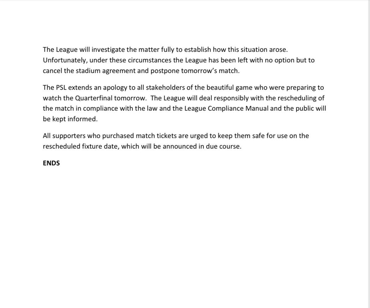 Mazola J. Molefe (@superjourno) on Twitter photo 🔴 PSL confirm postponement of <a href="/Masandawana/">Mamelodi Sundowns FC</a> vs <a href="/SekhukhuneFc/">Sekhukhune United F.C.</a> clash for the #NedbankCup
Venue issues. 🔴 PSL confirm postponement of <a href="/Masandawana/">Mamelodi Sundowns FC</a> vs <a href="/SekhukhuneFc/">Sekhukhune United F.C.</a> clash for the #NedbankCup
Venue issues.