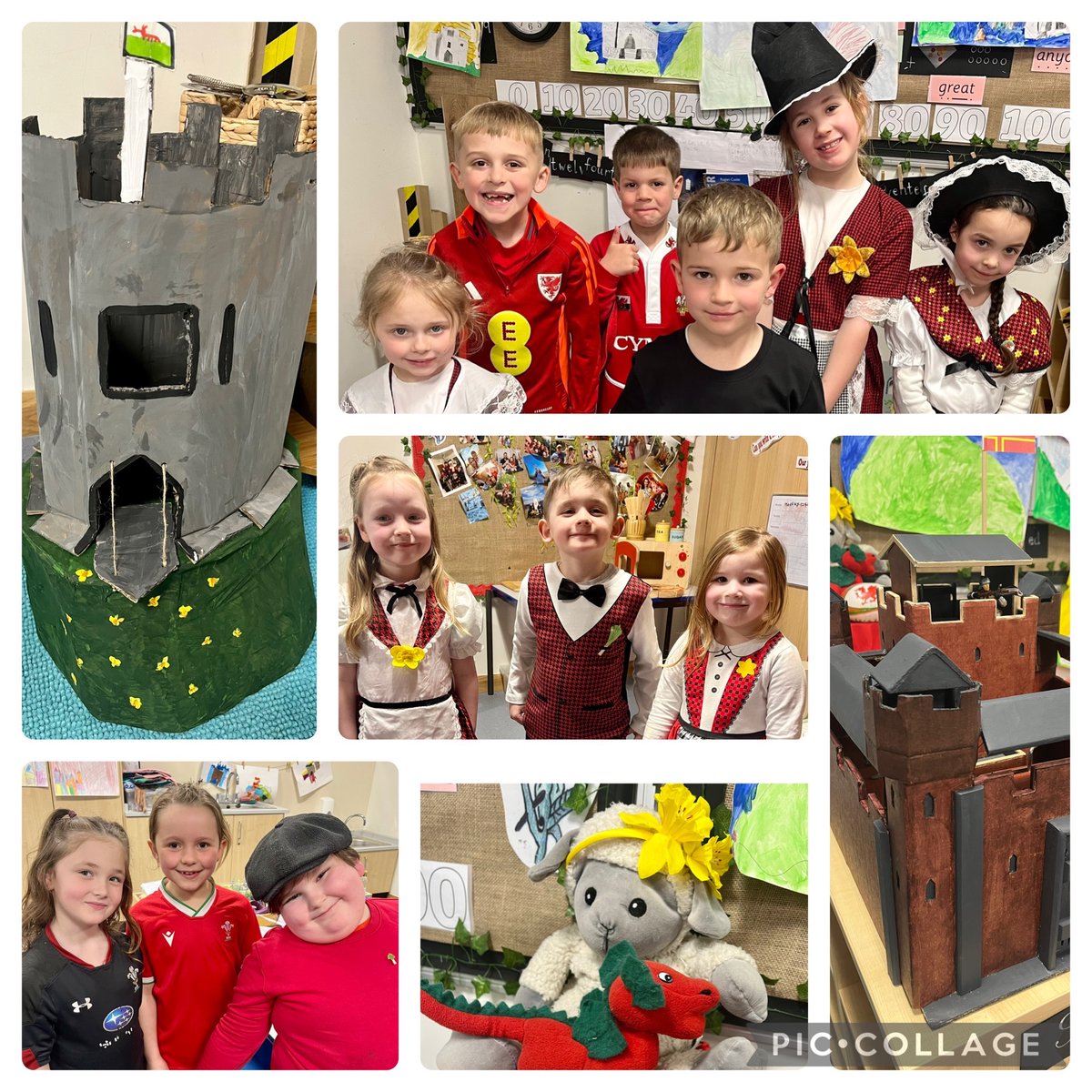 FfynnonTafPri's tweet photo. What a creative Welsh week we’ve had to mark St David’s Day. 🏴 Everyone looked great today, da iawn! #homecraft #castles #collage #folkdancing https://t.co/hDb19UoD16