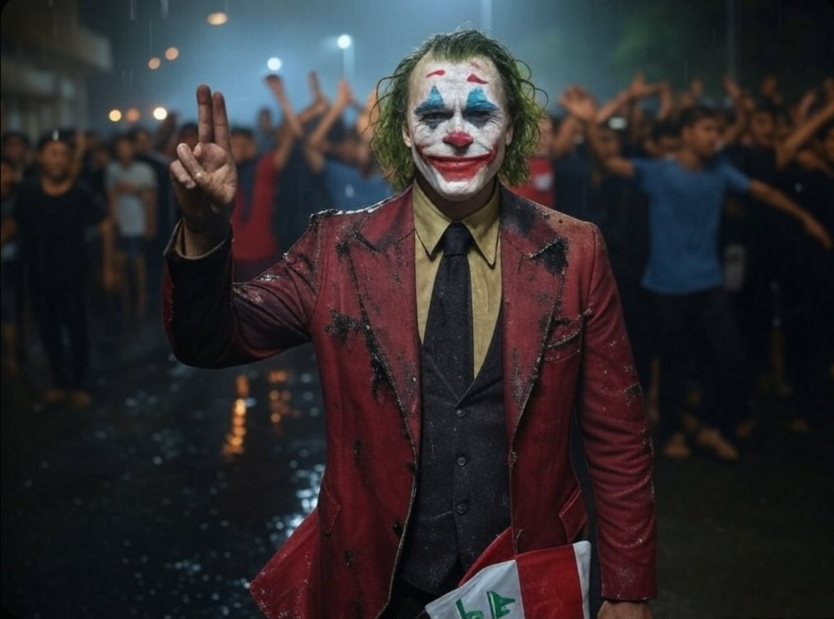الجوكر 🤡 وسط العاصفة، ملابسه مبللة ومغطاة بالتراب، لكن ابتسامته لا تزال ثابتة.. يرفع يده بإشارة غامضة، والعلم العراقي يتدلى من جانبه. خلفه، الحشود تهتف، المشهد يبدو كأنه نهاية معركة أو بداية فوضى جديدة. ⚠️

#جوكر_بغداد #مطر #شوارع #بغداد