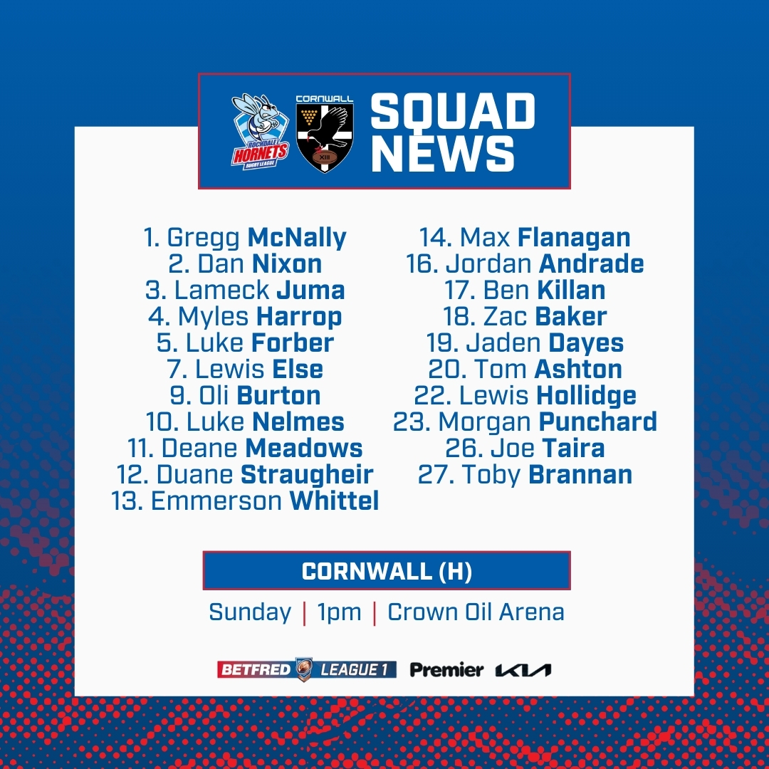 Squad news 📋

Head coach Gary Thornton has named his side to face <a href="/CornwallRLFC/">Cornwall RLFC</a> this Sunday 👊

Buy tickets: pulse.ly/zo87z8ntmu