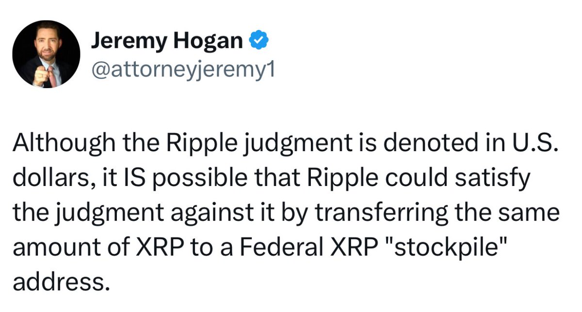 JackTheRippler ยฉ๏ธ (@ripplexrpie) on Twitter photo ๐จBREAKING: Pro #XRP lawyer - Jeremy Hogan says: โIt IS possible that <a href="/Ripple/">Ripple</a> could satisfy the judgment against it by transferring the same amount of XRP to a Federal XRP "stockpile" address.โ ๐จBREAKING: Pro #XRP lawyer - Jeremy Hogan says: โIt IS possible that <a href="/Ripple/">Ripple</a> could satisfy the judgment against it by transferring the same amount of XRP to a Federal XRP "stockpile" address.โ