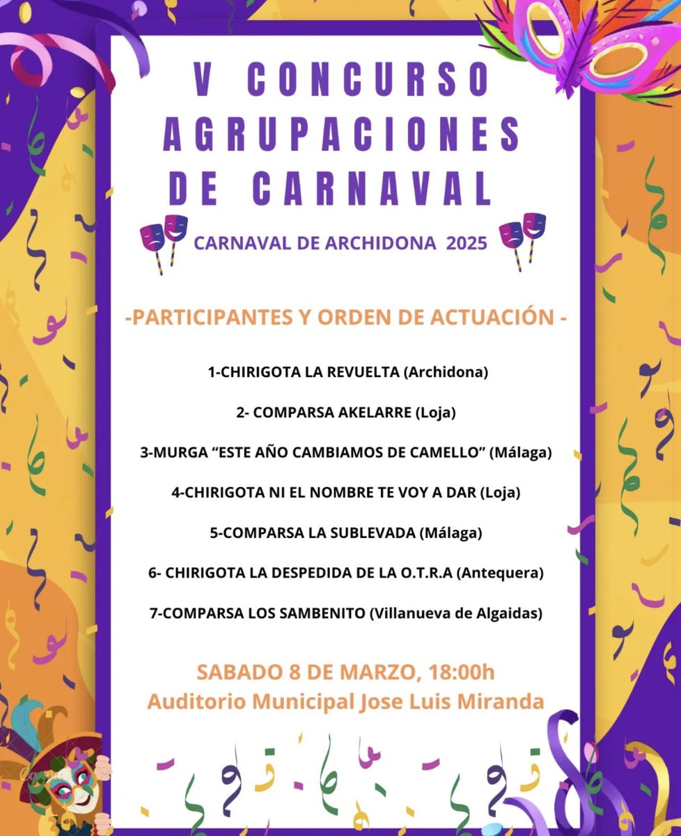 LosPlantaos's tweet photo. 🎭ACTUACIONES🎭

Mañana Sábado 8 de Marzo estaremos actuando sobre las 22:10H en el V Concurso de Agrupaciones de Carnaval de Archidona, en el Auditorio Municipal José Luis Miranda.

Os esperamos para pasar un buen rato de Carnaval con LOS DEL SAMBENITO❌ https://t.co/WiDFJIvFm0