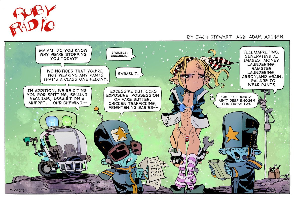 Jack_Stewart's tweet image. Where we're going, we don't need pants.

#RubyRadio 
#RubyRoxx 

Single Serving Strips by @AdamArcherArt and me (@JackStewart_242)!