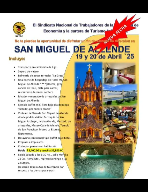 SNTSE_'s tweet photo. Vámonos de viaje a San Miguel de Allende este 19 y 20 de abril.
Informes con tu delegado.
#sntse #sntseturismo https://t.co/ZsRqx57M6F
