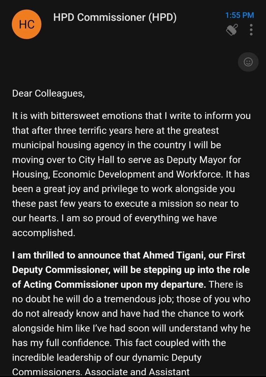 In an email to HPD staff, <a href="/AdolfoCarrion/">Adolfo Carrión, Jr</a> says Ahmed Tigani will become NYC's new Acting Housing Commissioner starting on March 14 

Tigani is currently the agency's First Deputy Commissioner

<a href="/NYCMayor/">Mayor Zohran Kwame Mamdani</a> named Carrion as Deputy Mayor for Housing/Economic Development/Workforce today