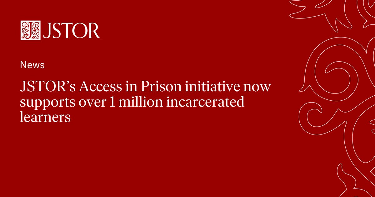 JSTOR (@jstor) on Twitter photo JSTOR Access in Prison has now reached over 1 million incarcerated learners!
Since 2007, we’ve worked to expand access to academic resources for students taking college courses while incarcerated.
Read more about this milestone from <a href="/EveryLibrary/">EveryLibrary</a>: bit.ly/4is2GSE JSTOR Access in Prison has now reached over 1 million incarcerated learners!
Since 2007, we’ve worked to expand access to academic resources for students taking college courses while incarcerated.
Read more about this milestone from <a href="/EveryLibrary/">EveryLibrary</a>: bit.ly/4is2GSE