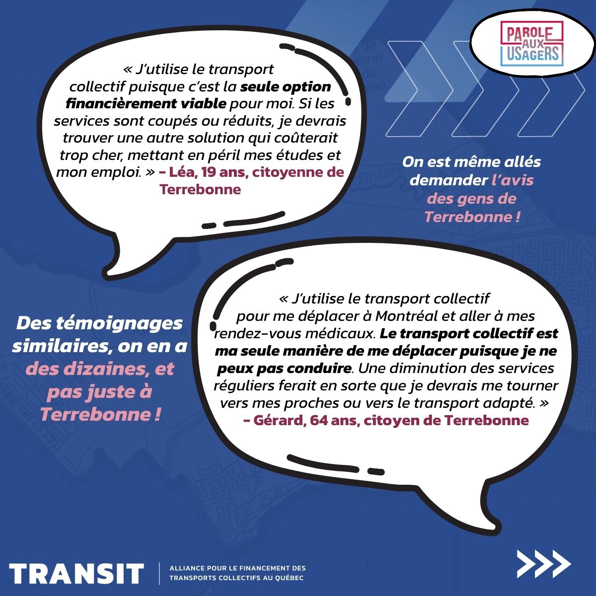 🚍 69 % des Québécois et Québécoises veulent un meilleur financement du transport collectif !
À Terrebonne et partout au Québec, les coupures s’accumulent, et la mobilité en souffre. Pourtant, 77 % de la population réclame une offre de service bonifiée en transport collectif d’au