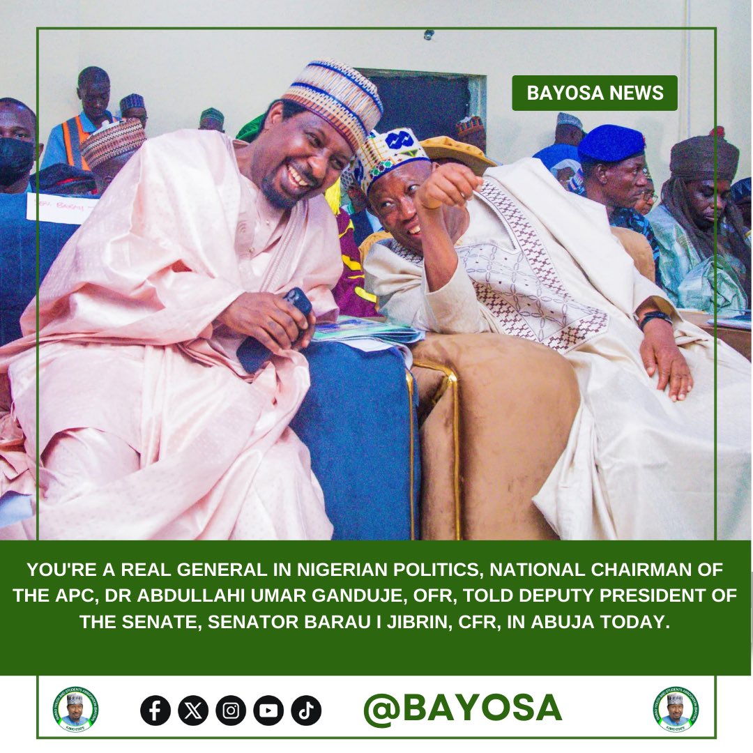 Manus_Textiles's tweet photo. YOU'RE A REAL GENERAL IN NIGERIAN POLITICS, NATIONAL CHAIRMAN OF THE APC, DR ABDULLAHI UMAR GANDUJE, OFR, TOLD DEPUTY PRESIDENT OF THE SENATE, SENATOR BARAU I JIBRIN, CFR, IN ABUJA TODAY.
#BAYOSA https://t.co/jeA9u1k6Ki