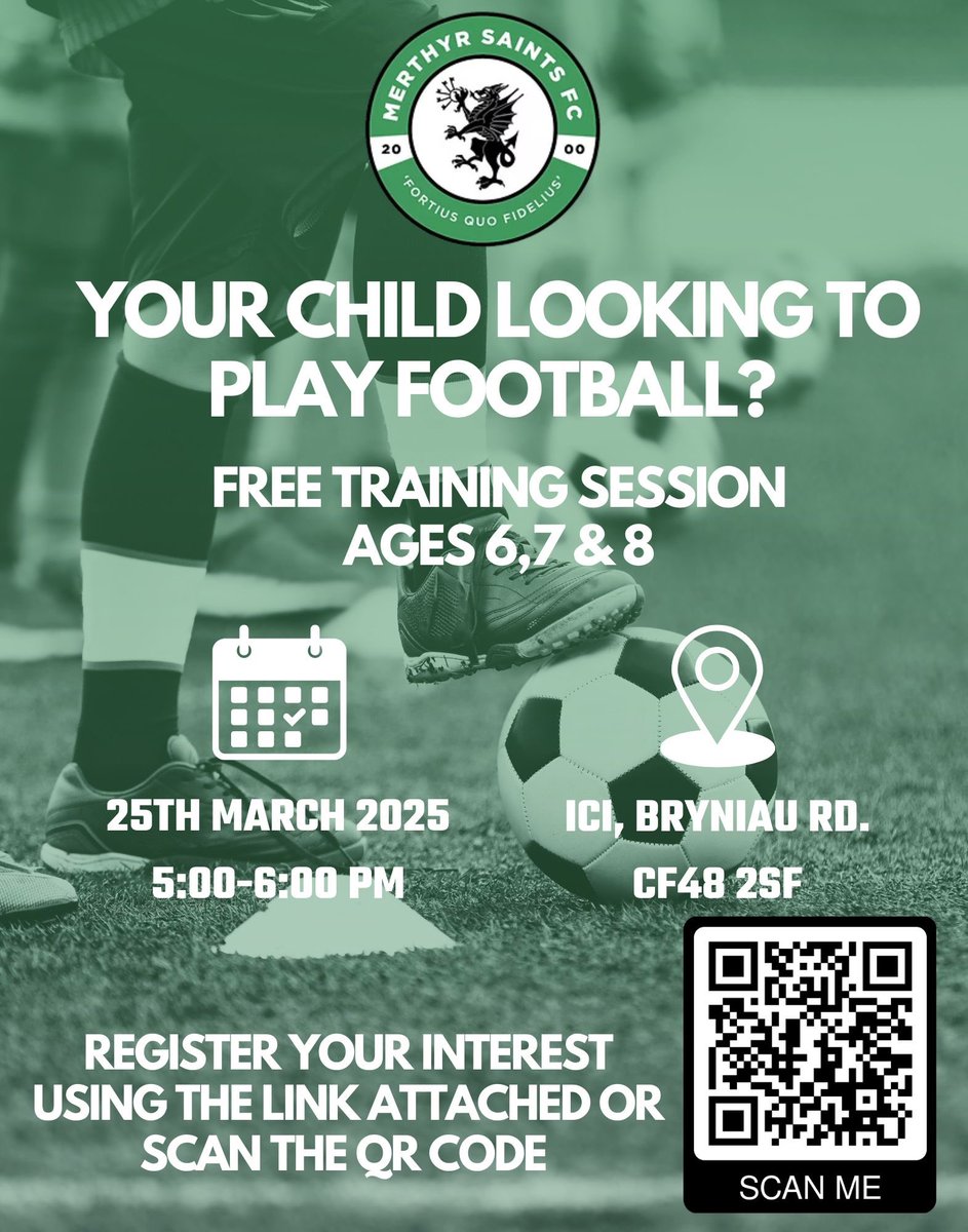 ❗️HAVE YOU GOT A CHILD BETWEEN 6-8 YEARS OLD? ❗️

❗️ARE THEY LOOKING TO PLAY FOOTBALL? ❗️

In preparation of the 2025/26 season, we’re offering free training sessions for 6-8 year olds starting:

📅 25th March 2025
⏰5:00 - 6:00 PM
📍ICI, Bryniau Road, CF48 2SF