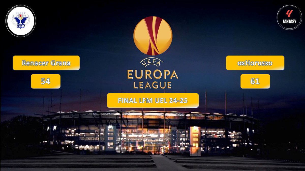 Resultados del partido de ida de la gran final de la #LLF_Europa_Leage 24-25.

Jornada 2⃣6⃣ 
<a href="/jemimurcianista/">Juan Emilio</a> vs <a href="/ox_Horus_xo/">HORUS</a>

Mañana comienza la J2⃣7⃣ y el partido definitivo de vuelta⚽️⚽️