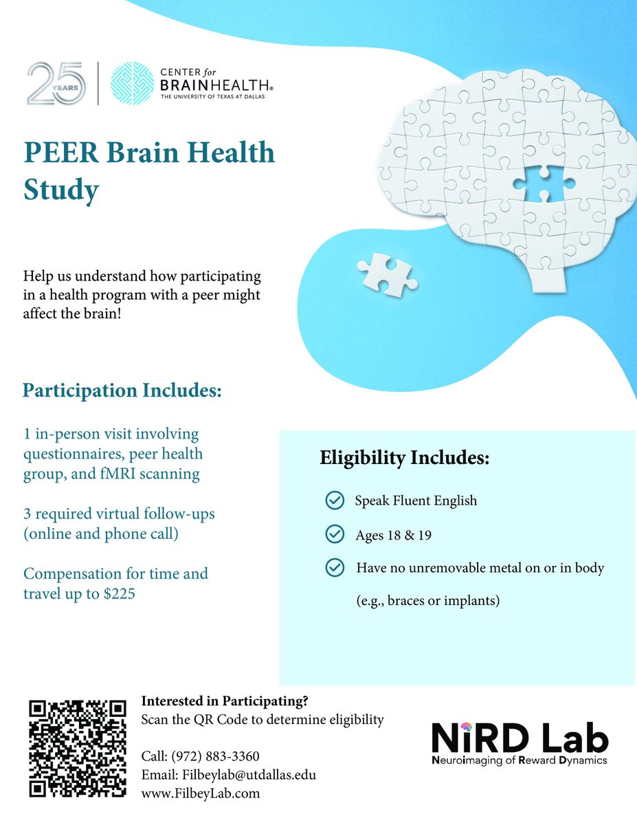 NeuroImaging of Reward Dynamics Lab (@filbeylab) on Twitter photo Are you between the ages of 18-19 looking to make a positive impact on neuroscience? Participate in our study aimed at understanding adolescent brain health. This will be an in-person study & 3 virtual follow-ups. Compensation up to $225.
redcap.link/PEERNiRD Are you between the ages of 18-19 looking to make a positive impact on neuroscience? Participate in our study aimed at understanding adolescent brain health. This will be an in-person study & 3 virtual follow-ups. Compensation up to $225.
redcap.link/PEERNiRD