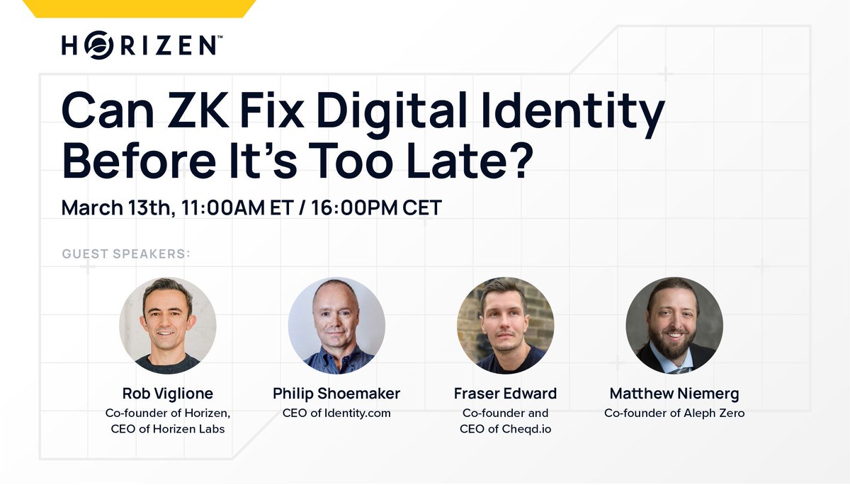 Horizen (@horizenglobal) on Twitter photo With nations rolling out digital ID programs, how can Zero-Knowledge solutions secure these systems without compromising privacy?
๐Join us for our next X Spaces discussion with industry leaders:
๐๏ธ <a href="/robviglione/">Rob Viglione</a>, Co-founder of <a href="/horizenglobal/">Horizen</a> and <a href="/HorizenLabs/">Horizen Labs</a>
๐๏ธ <a href="/pbsIdentity/">Phillip Shoemaker</a>, With nations rolling out digital ID programs, how can Zero-Knowledge solutions secure these systems without compromising privacy?
๐Join us for our next X Spaces discussion with industry leaders:
๐๏ธ <a href="/robviglione/">Rob Viglione</a>, Co-founder of <a href="/horizenglobal/">Horizen</a> and <a href="/HorizenLabs/">Horizen Labs</a>
๐๏ธ <a href="/pbsIdentity/">Phillip Shoemaker</a>,