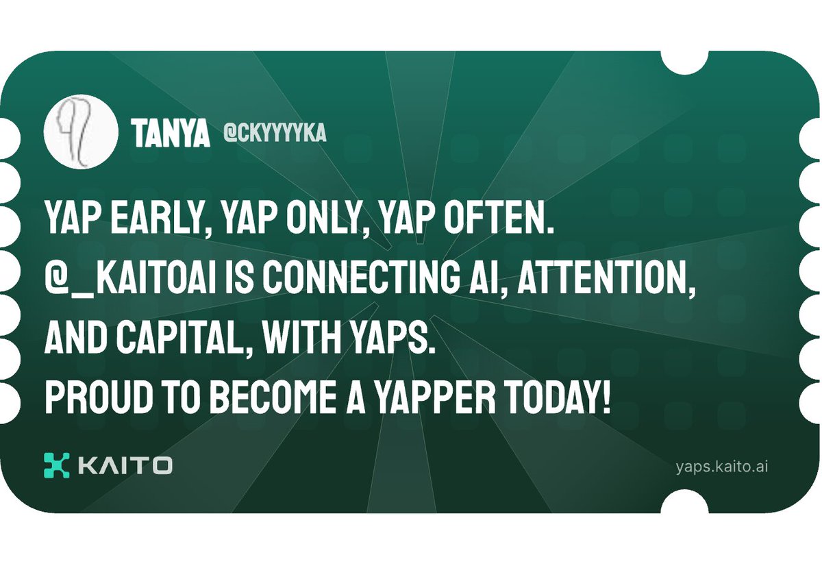 Yap early, yap only, yap often.

<a href="/KaitoAI/">Kaito AI 🌊</a> is connecting AI, attention and capital with Yaps.

Just claimed my social card and I'm accumulating Yap points in real-time.

Claim yours 👉 yaps.kaito.ai/referral/89683…