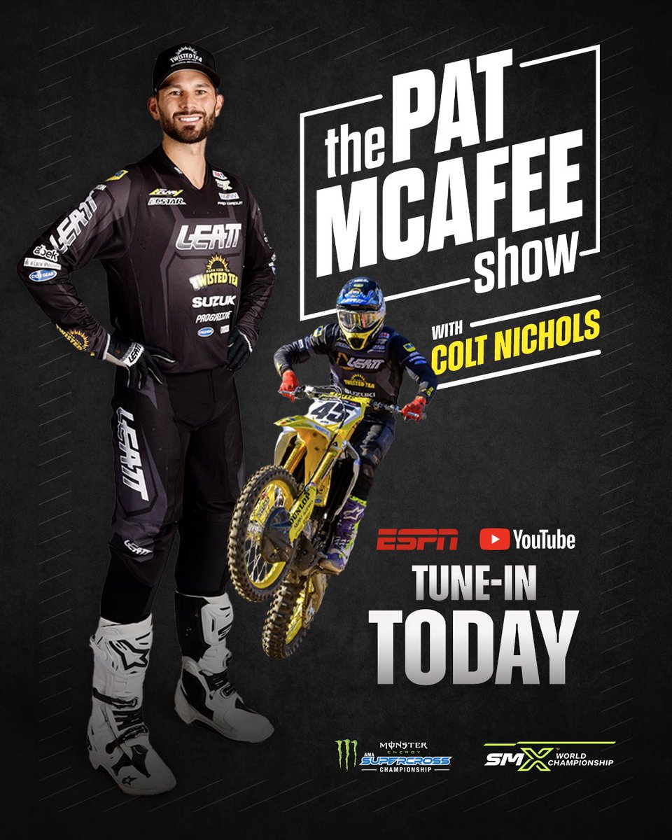SupercrossLIVE's tweet photo. Tune into the @PatMcafeeShow to catch Colt Nichols  fill in the boys on all things SMX! 🎤 

#SupercrossLIVE #SMX https://t.co/RkGSRB4Rgv
