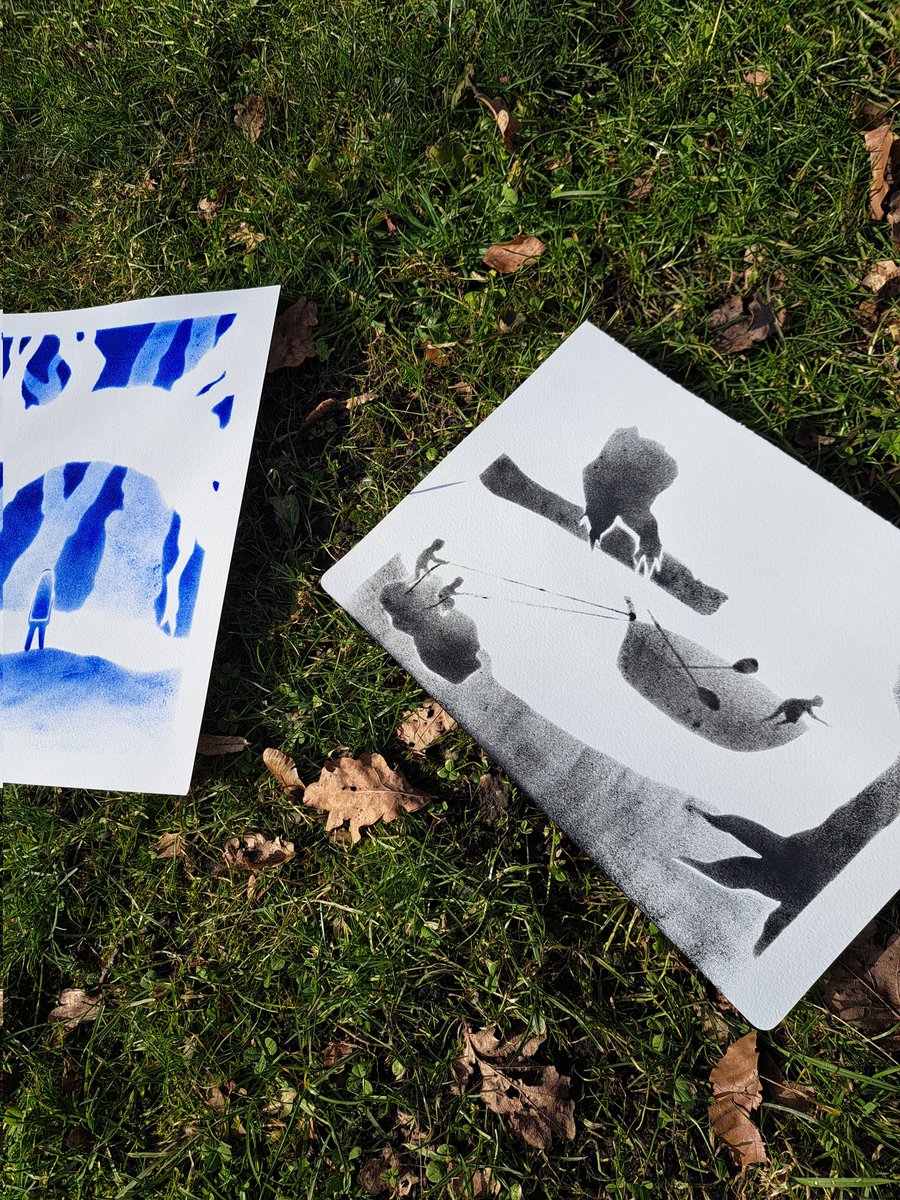 CoyotePip's tweet photo. I took the advantage of a spring morning to finally take proper pictures of 'In the Woods' and 'Bet My Life'.

#traditionalart #illustration #illustrationartists #artwork #art #print #printmaking #acrylic https://t.co/X1mVYQQo1a