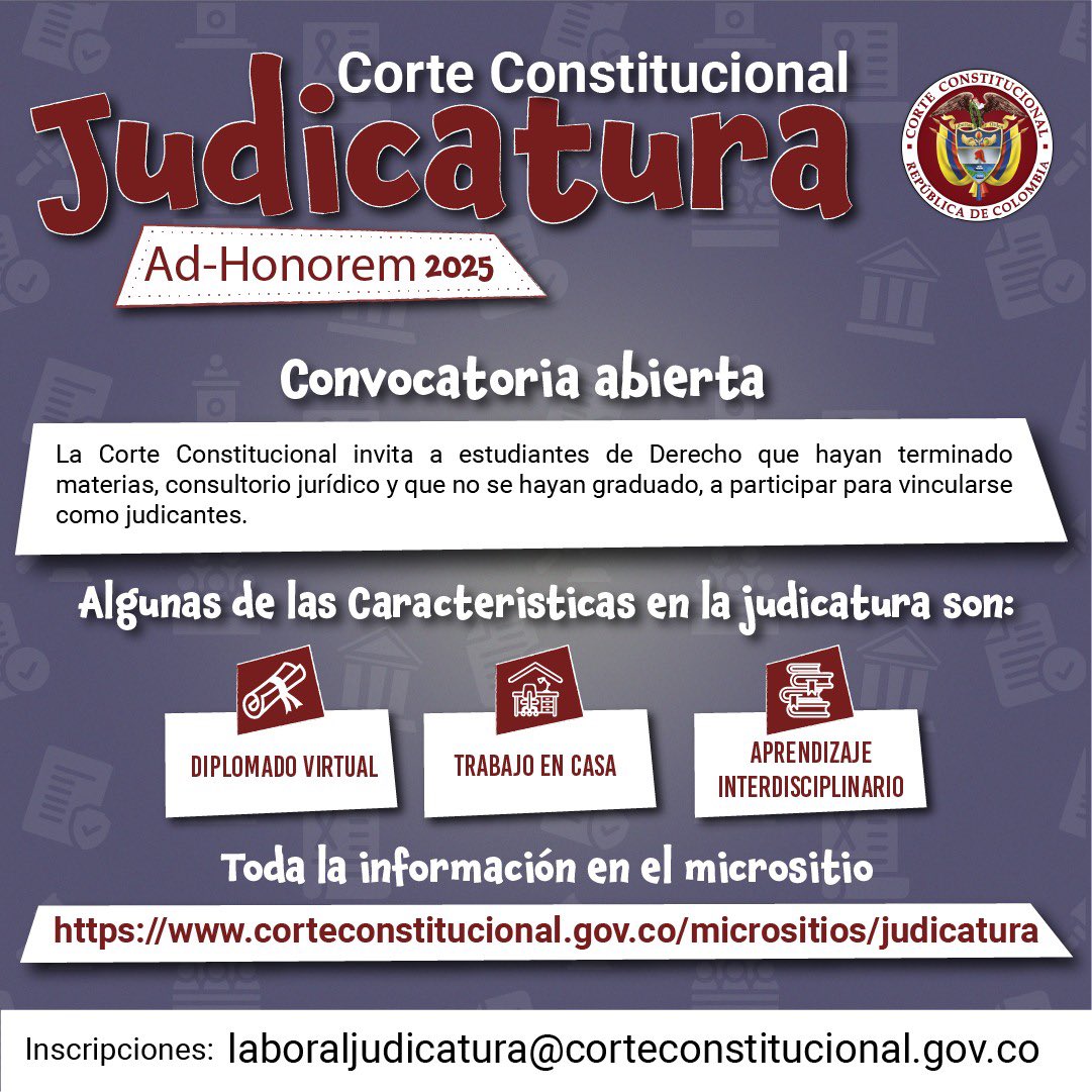 CConstitucional's tweet photo. #LaCorteInforma 📰| Convocatoria abierta para realizar la judicatura en la Corte Constitucional.

Toda la información en el siguiente link
👉🏼 https://t.co/VPzjxwhz0Q https://t.co/mOu5q1iGSv