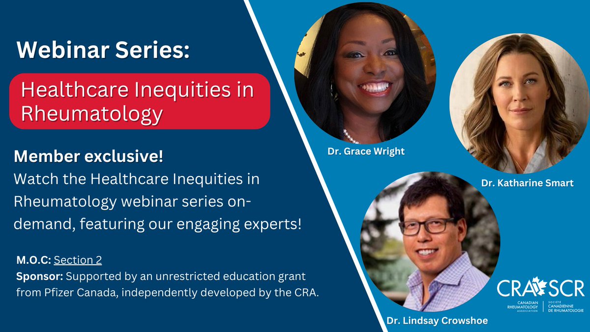 CRA SCR (@crascrrheum) on Twitter photo Webinar series: Healthcare Inequities in Rheumatology
Member exclusive! Did you miss the CRA's 3-part webinar series on healthcare inequities in rheumatology featuring:
🎤Dr. Grace Wright
🎤Dr. Lindsay Crowshoe
🎤Dr. <a href="/KatharineSmart/">Dr. Katharine Smart</a>
Watch on-demand: rheum.ca/education/cont… Webinar series: Healthcare Inequities in Rheumatology
Member exclusive! Did you miss the CRA's 3-part webinar series on healthcare inequities in rheumatology featuring:
🎤Dr. Grace Wright
🎤Dr. Lindsay Crowshoe
🎤Dr. <a href="/KatharineSmart/">Dr. Katharine Smart</a>
Watch on-demand: rheum.ca/education/cont…