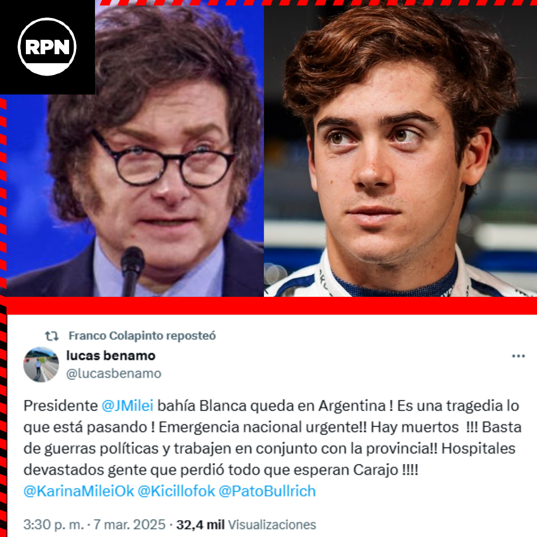 RPN_Oficial's tweet photo. 🔥Franco Colapinto retuiteó un reclamo a Javier Milei y se la clavó en el ángulo por las inundaciones.

"Presidente, Bahía Blanca queda en Argentina" https://t.co/QaynzoIUKt