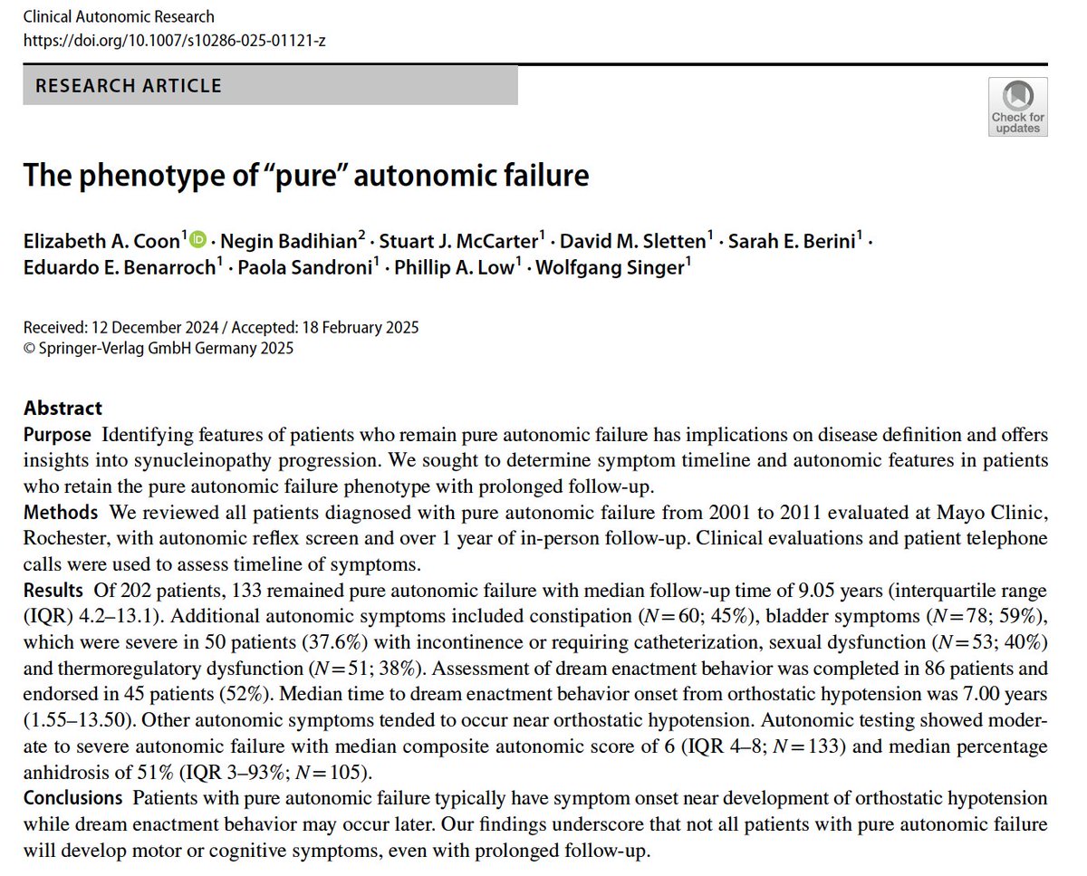 Abhishek Lenka (@abhilenka11) on Twitter photo Excellent work by <a href="/EYemmCoon/">Elizabeth Coon, MD</a> exploring the spectrum of clinical features in (im)pure autonomic failure patients who did not phenoconvert (with a median follow-up of ~9 years!) #NeuroTwitter
#AutonomicDisorders <a href="/ClinAutonRes/">Clinical Autonomic Research</a> <a href="/AASAutonomic/">American Autonomic Society</a>
link.springer.com/article/10.100… Excellent work by <a href="/EYemmCoon/">Elizabeth Coon, MD</a> exploring the spectrum of clinical features in (im)pure autonomic failure patients who did not phenoconvert (with a median follow-up of ~9 years!) #NeuroTwitter
#AutonomicDisorders <a href="/ClinAutonRes/">Clinical Autonomic Research</a> <a href="/AASAutonomic/">American Autonomic Society</a>
link.springer.com/article/10.100…
