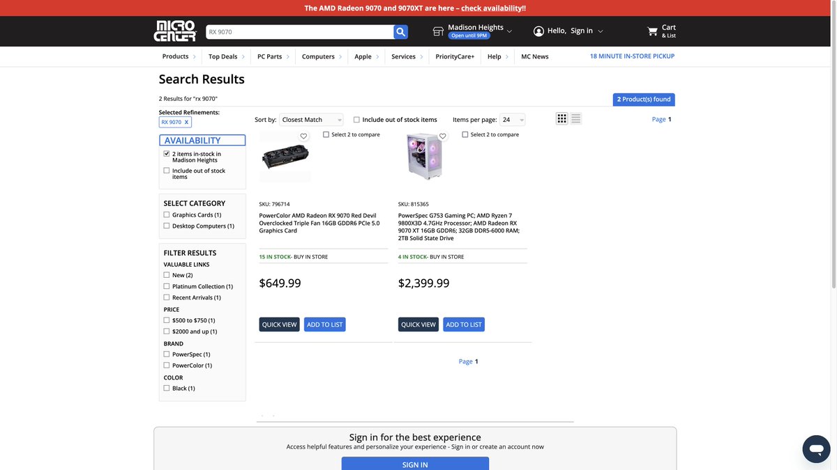 We are down to just one SKU of the RX 9070 (non-XT) at the Microcenter in Michigan. And it's $649.99.