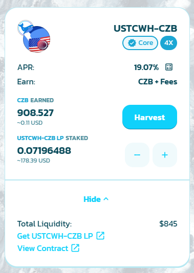 LeonardoLUNC's tweet photo. Would be nice if some people bridged some USTC across to BSC and did some farming with it, sharing their experiences with me. To farm, you need the same value of the farming token, i.e. $25 of #USTC   + $25 of CZB. You could bridge $25 worth of #ustc and split it via the exchange, so $12.5 of both.