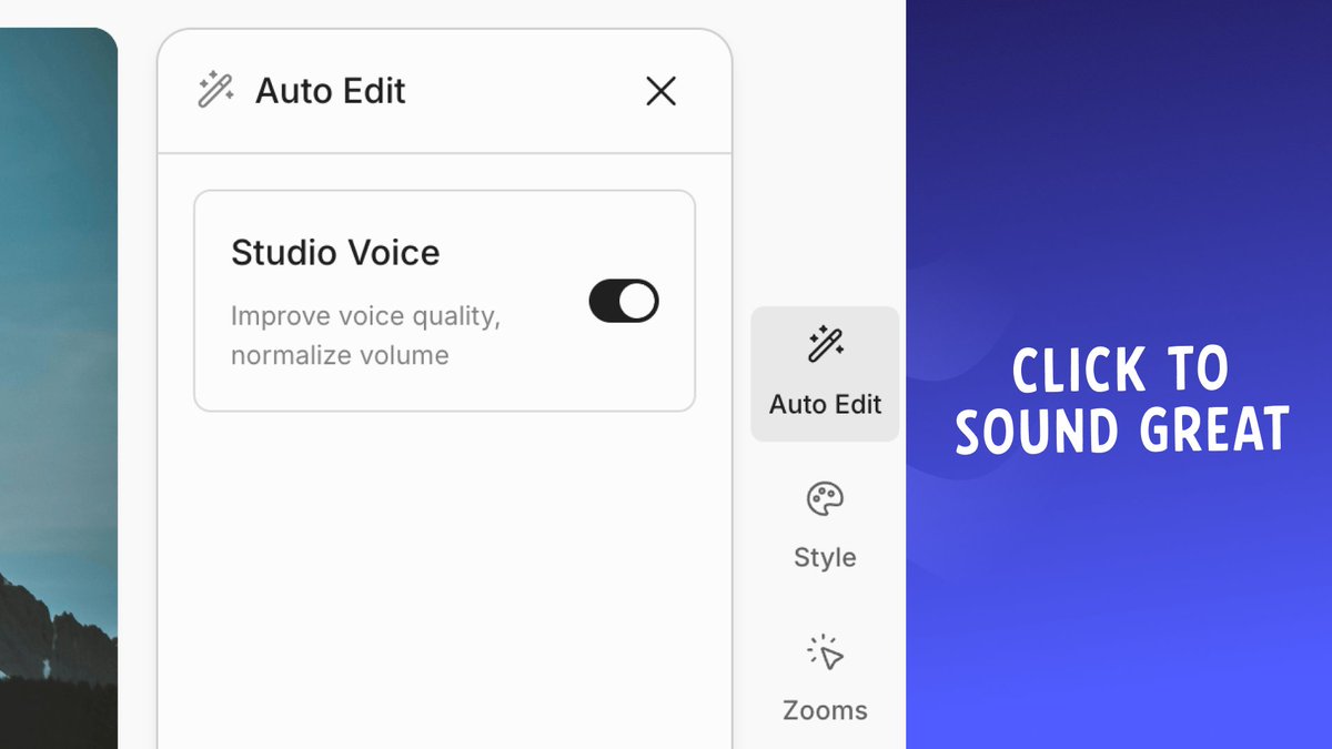 It’s a bummer having to redo a great take because of low recording quality.

New this week: 🎙️ Studio Voice boosts the quality of your audio using AI, so you sound great regardless of equipment or background noise.

Available on any paid plan, and found in the new Auto Edit menu.